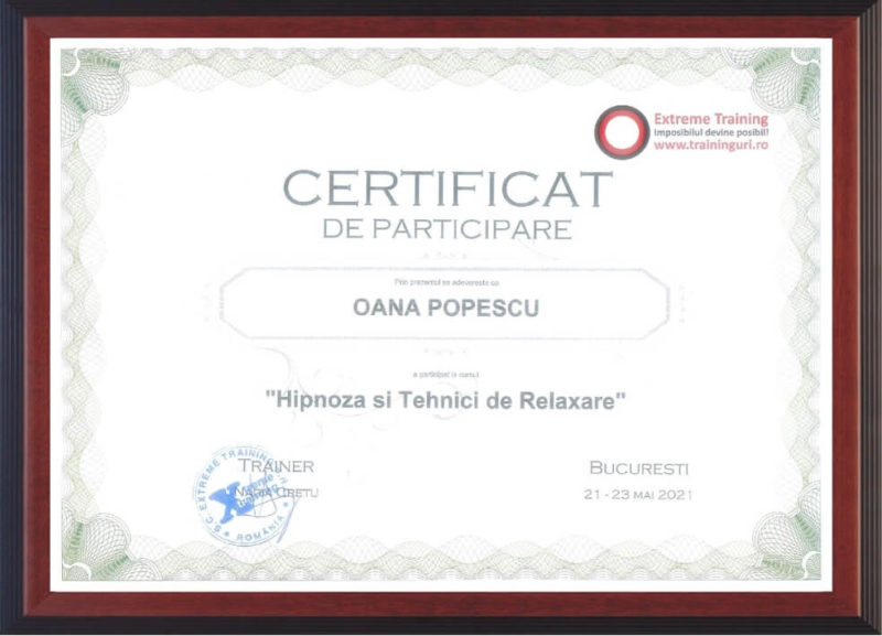 certificare curs hipnoza